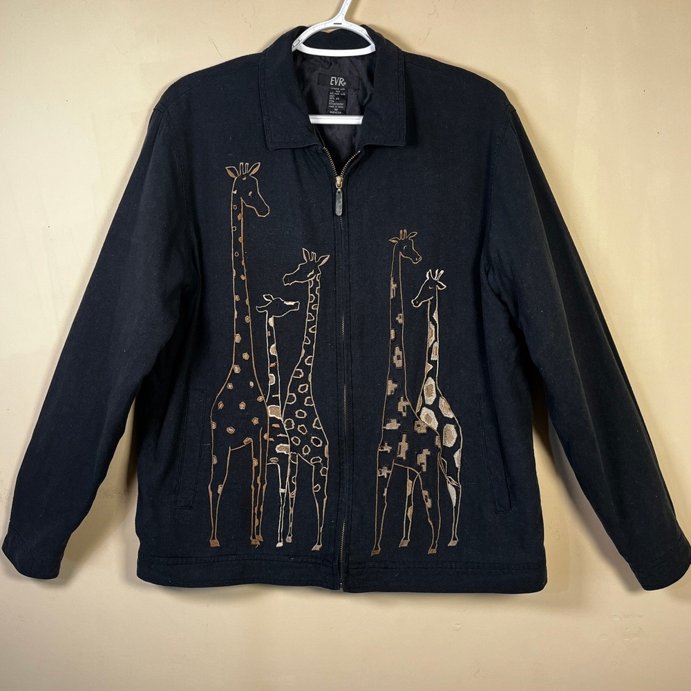 Vintage 90s EVR 100% Silk Embroidered Giraffe Full Zip Jacket M Black Safari